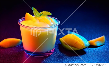 Firefly mango yogurt dessert in neon colors on a dark background 125396356