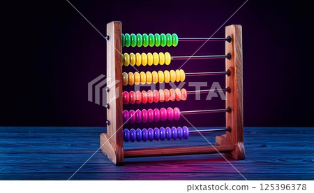Colorful wooden abacus illuminated with neon lights in a dark setting Colorful wooden abacus illuminated with neon lights in a dark setting 125396378