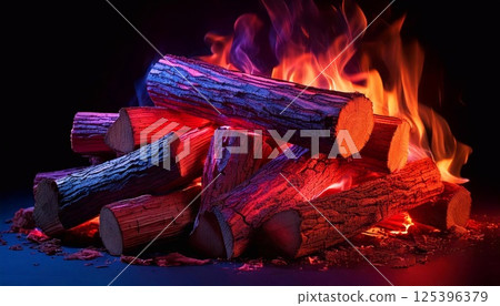 Vivid neon firewood burning brightly in a dark setting Vivid neon firewood burning brightly in a dark setting 125396379