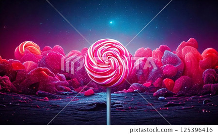 Vivid neon background featuring colorful lollipops in a surreal candy landscape 125396416