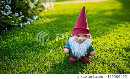 Garden gnome stands cheerfully on vibrant green lawn surrounded by flowers and sunlight 125396455