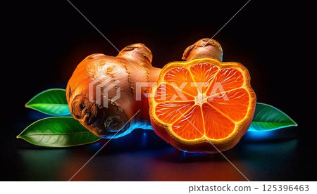 Ginger neon artfully displayed with vibrant orange fruit and green leaves on dark background 125396463