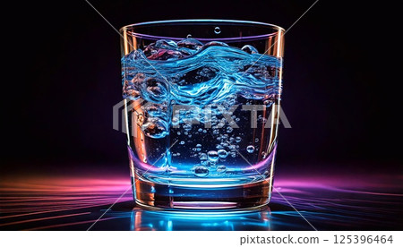 Vivid glass of mineral water with neon lighting creating a vibrant atmosphere 125396464
