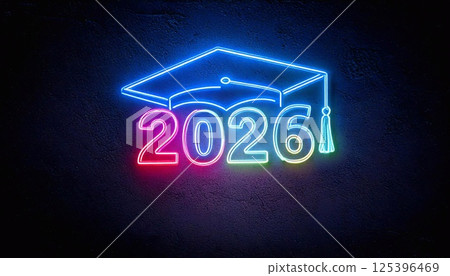 Neon graduate cap with year 2026 illuminated, celebrating academic achievement and future 125396469