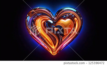 Vibrant heart shaped caramel candy glowing with neon colors in dark background 125396472