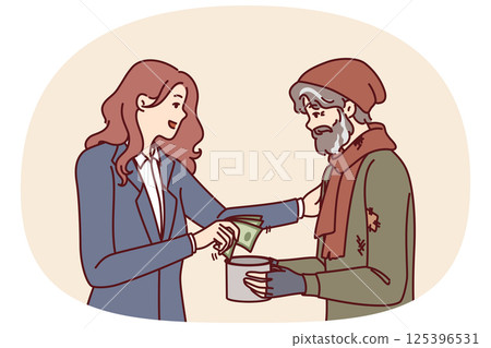 Successful woman helps beggar by giving money for food and lodging to save person Successful woman helps beggar by giving money for food and lodging to save person 125396531