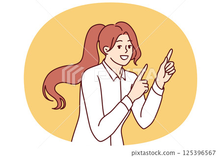 Woman smiles and points finger at copy space, recommending pay attention to interesting promo offer Woman smiles and points finger at copy space, recommending pay attention to interesting promo offer 125396567