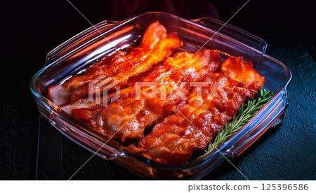 Fried bacon in a glass dish illuminated by neon light at a cozy food setting 125396586