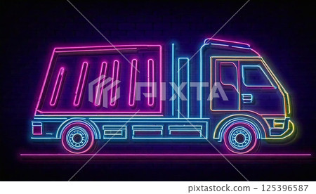 Vibrant neon garbage truck illuminated against a dark background in an urban setting 125396587