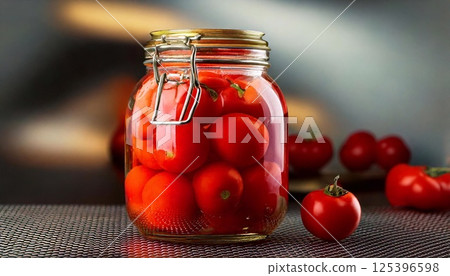 Fresh tomatoes preserved in a glass jar on a kitchen counter 125396598