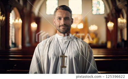 Portrait of a priest standing confidently in a beautiful church interior during worship time Portrait of a priest standing confidently in a beautiful church interior during worship time 125396622