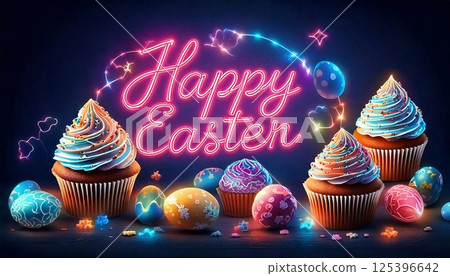 Colorful Easter celebration with neon eggs and festive cupcakes showcasing joy and creativity 125396642