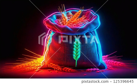 Vibrant neon bag of grain showcases detailed wheat and barley in a dynamic display 125396645