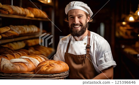 Bakery worker smiles proudly with freshly baked bread in a cozy bakery setting 125396646