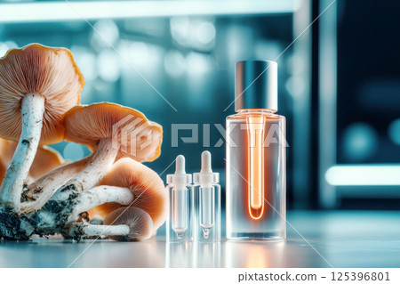 Futuristic skincare serum in glass dropper bottles next to fresh mushrooms, symbolizing the fusion of biotechnology and natural adaptogens in modern beauty cosmetics. 125396801