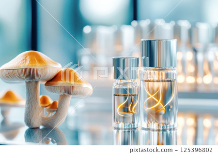 Futuristic skincare serum in glass dropper bottles next to fresh mushrooms, symbolizing the fusion of biotechnology and natural adaptogens in modern beauty cosmetics. 125396802