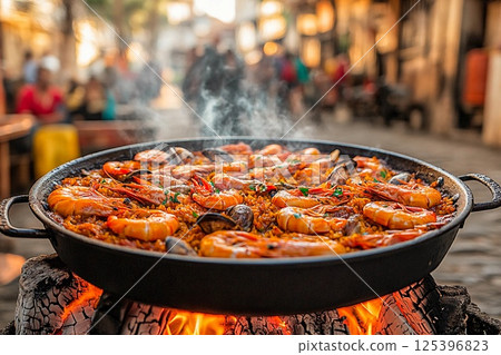 Seafood paella cooking outdoors in a bustling street during a sunny evening 125396823