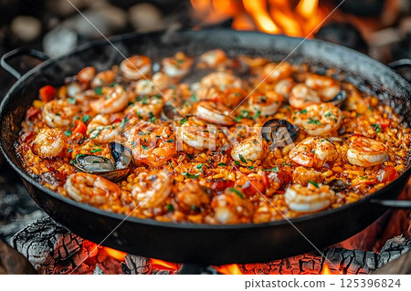 Seafood paella cooking outdoors in a bustling street during a sunny evening 125396824