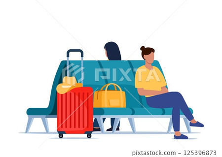 People in airport arrival waiting room or departure lounge. Departure lounge chairs. Suitcase and backpack. Journey and adventure. Vector illustration. 125396873