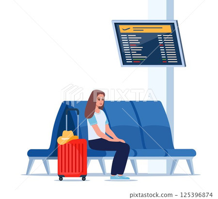 People in airport arrival waiting room or departure lounge. Departure lounge chairs. Suitcase and backpack. Journey and adventure. Vector illustration. 125396874