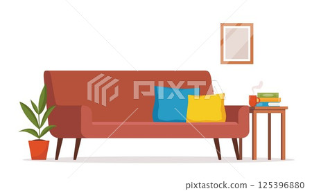 Couch or sofa with pillows in living room iterior. Furniture for house, living room, classic or modern and vintage cozy couch. Vector illustration. 125396880