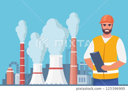 Highly polluting factory plant with smoking towers and pipes. Man engineer in orange protective helmet on the foreground. Vector illustration. 125396900