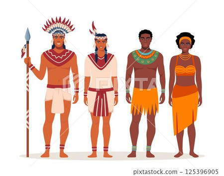 Native black skinned couple of African tribe and American Indians couple in traditional national clothes. Vector illustration. 125396905