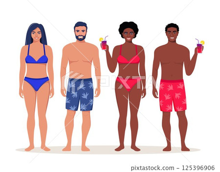 People dressed in swimsuits standing on the beach. Summer vacations. Beautiful men and women, couples on vacation. Vector illustration. 125396906