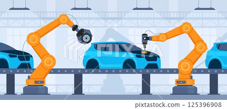 Process of automated car production. Wehicle parts on the machinery line with robotic hands. Assembly line at an automobile factory. Vector illustration. 125396908