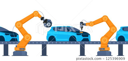 Process of automated car production. Wehicle parts on the machinery line with robotic hands. Assembly line at an automobile factory. Vector illustration. Process of automated car production. Wehicle parts on the machinery line with robotic hands. Assembly line at an automobile factory. Vector illustration. 125396909