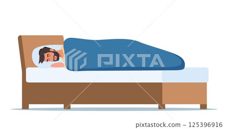 Man sleeping. Guy lies on bed under blanket at night, comfortable sleep time at home. Healthy lifestyle concept of relax, calm. Vector illustration. 125396916