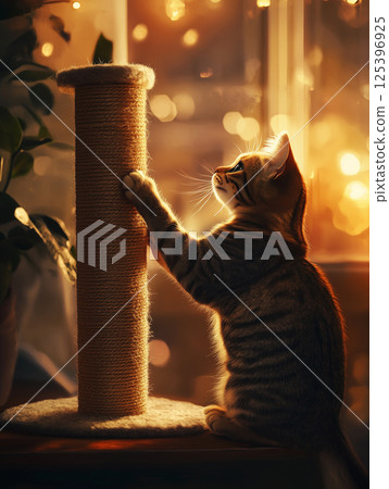 Cat enjoys a peaceful moment while owner prepares cozy evening atmosphere at home with warm lighting 125396925