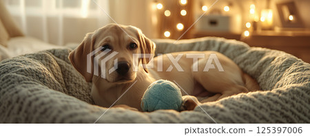Happy dog relaxes in cozy bed with toy ball beside it in softly lit room during evening hours 125397006