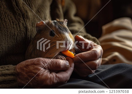 Guinea pig happily munches on a carrot piece while being gently held in its owners hands 125397038