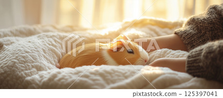 Cozy guinea pig enjoys a fresh bed while being gently petted in a warm, sunny room 125397041