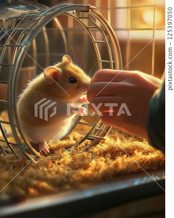Hamster joyfully runs on a wheel in its cage while enjoying treats during the evening 125397050