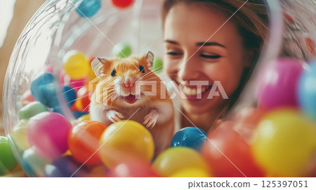 Hamster joyfully explores a colorful exercise ball filled with playful balls 125397051
