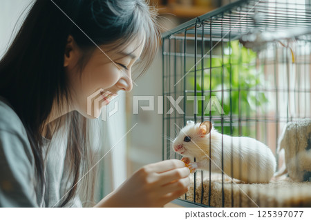 Hamster explores its cage while owner enjoys playful interaction during afternoon moments of joy and bonding 125397077