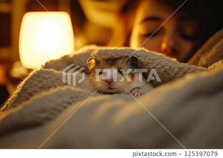 Hamster snuggles in a soft blanket while resting beside a cozy lamp and a person in low light settings at night 125397079