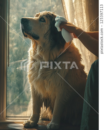 Large dog enjoys grooming by its owner while resting by the window in a cozy home setting during the afternoon sun 125397113
