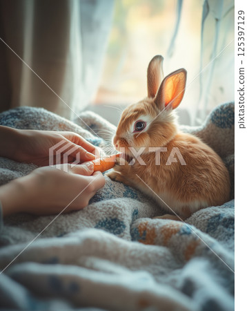 Pet rabbit comfortably nibbling on a carrot while sitting on a soft blanket during a calm afternoon 125397129