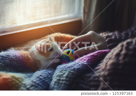 Small hamster plays with colorful chew toy in cozy setting by window during soft evening light 125397163