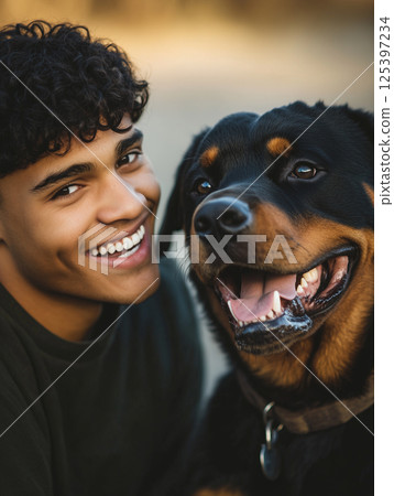 Young man enjoys playful moment with his dog in sunny outdoor setting, capturing a bond of friendship and joy 125397234