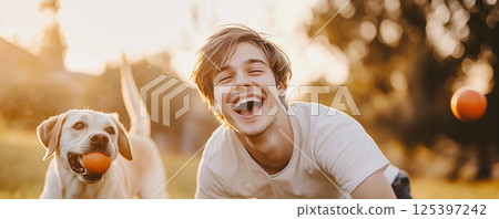Cheerful young man laughs with a golden retriever while playing fetch at sunset in a park setting Cheerful young man laughs with a golden retriever while playing fetch at sunset in a park setting 125397242