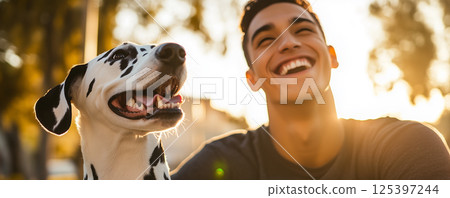 Cheerful young man enjoying a playful moment with his happy dalmatian dog in a sunlit park during the late afternoon 125397244