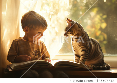 Delighted little boy enjoys reading with his pristine Bengal cat beside him on a sunlit windowsill 125397258