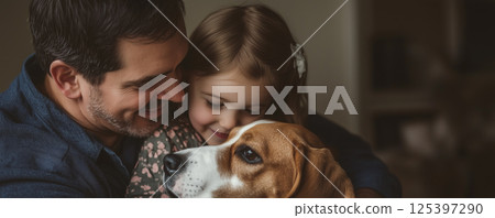 Father shares a tender moment with his daughter and their dog at home in a cozy setting 125397290