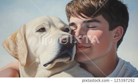 Young man shares a gentle embrace with a loyal yellow lab in a serene outdoor setting during a sunny day Young man shares a gentle embrace with a loyal yellow lab in a serene outdoor setting during a sunny day 125397292