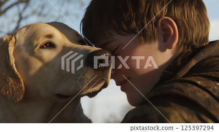 Young man shares a tender moment with a dog in an outdoor setting during a sunny afternoon 125397294