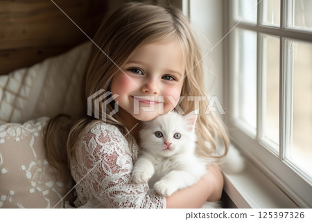 Joyful little girl cuddles her fluffy white kitten while sitting by the window on a sunny day 125397326